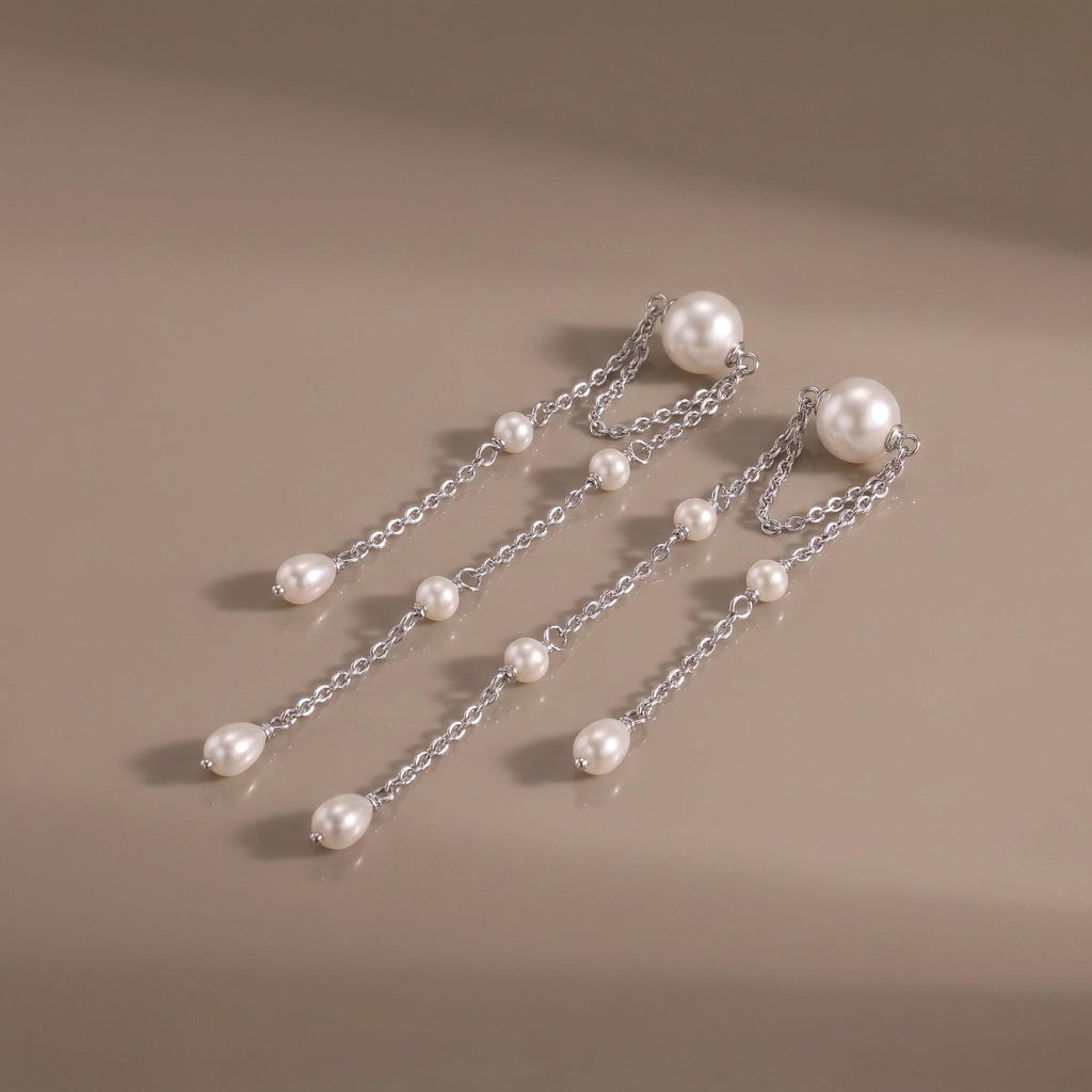 Pearl Fringe Earrings Gift | Long Double Chain Pearl Earrings | Gold or White Gold | Bridal Wedding Jewelry