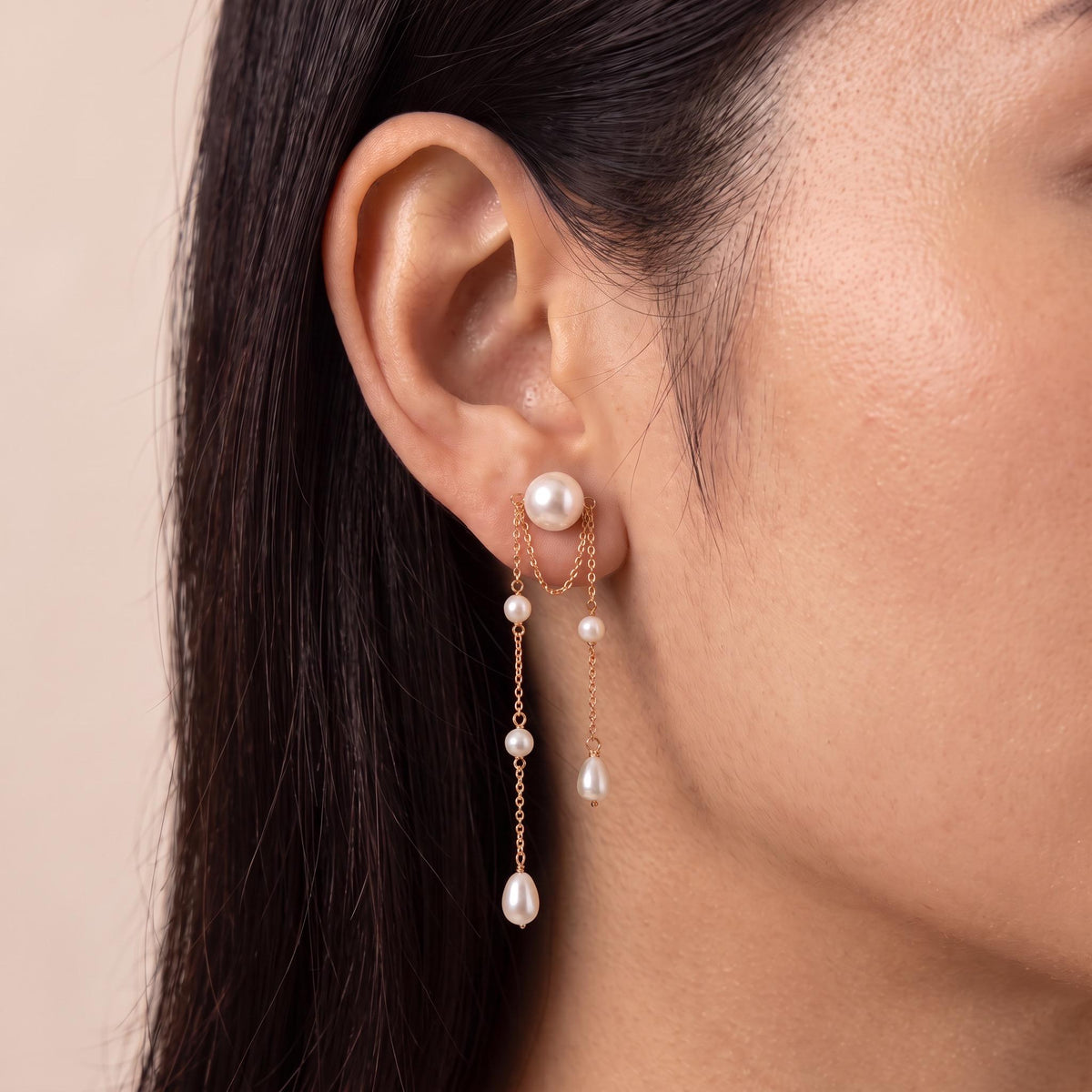Pearl Fringe Earrings Gift | Long Double Chain Pearl Earrings | Gold or White Gold | Bridal Wedding Jewelry