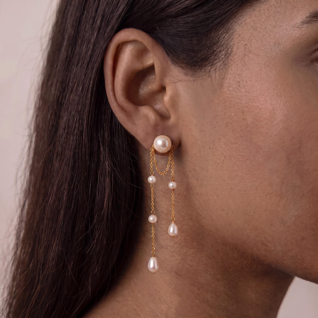 Pearl Fringe Earrings Gift | Long Double Chain Pearl Earrings | Gold or White Gold | Bridal Wedding Jewelry