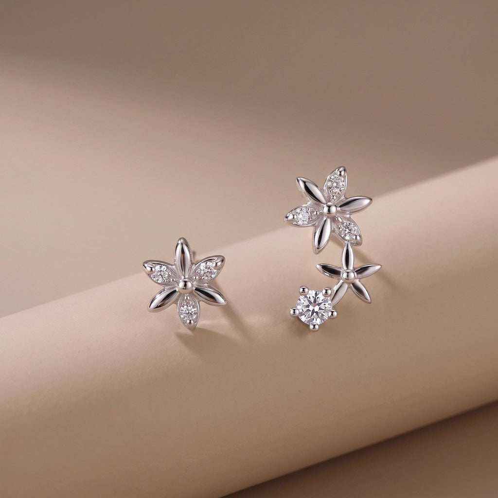 Flower Stud Earrings Gift | Crystal Floral Ear Climber Studs | 925 Sterling Silver | Everyday Jewelry