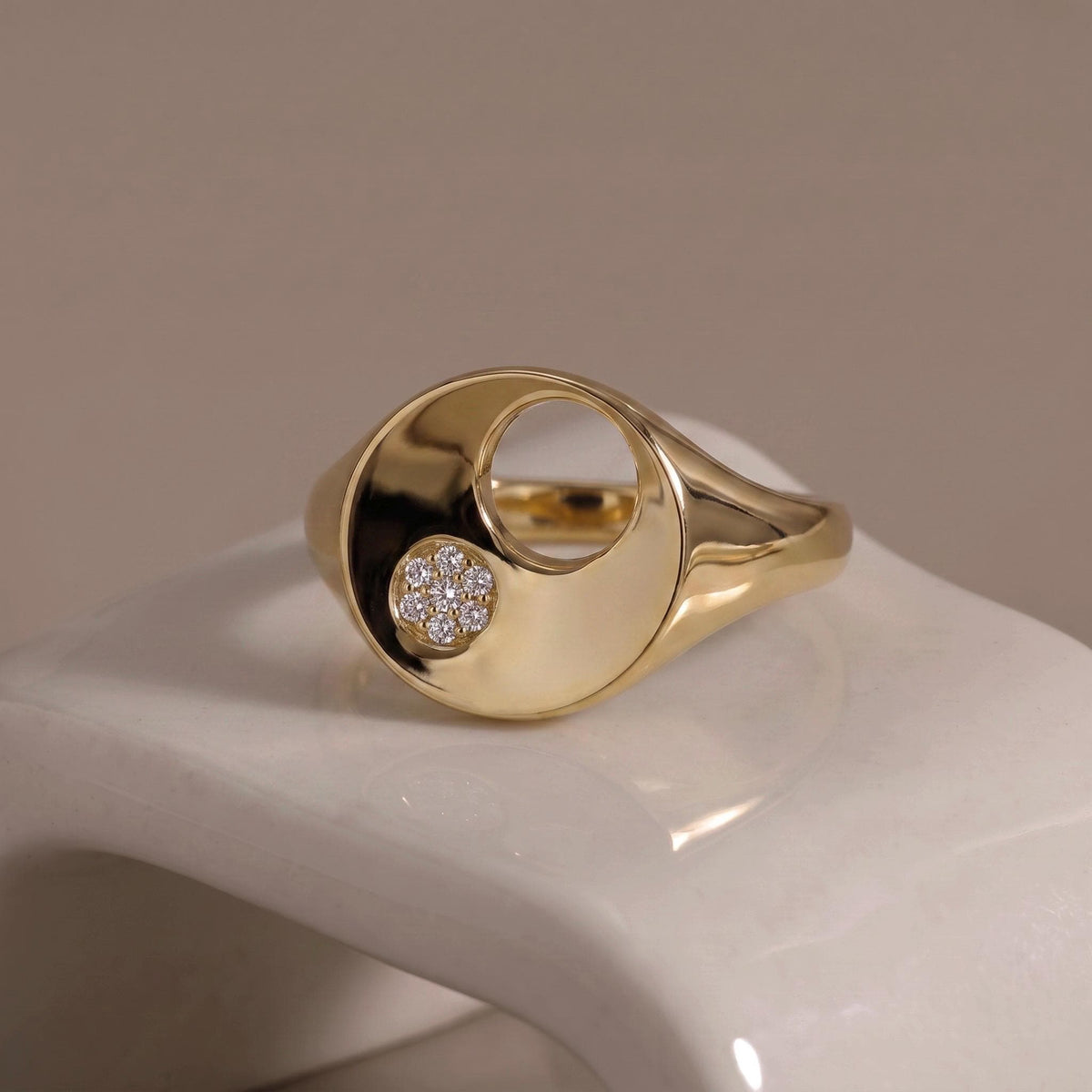 Moissanite Signet Ring Gift | Cutout Circle Statement Ring | 14K Gold or White Gold | Gift for Her