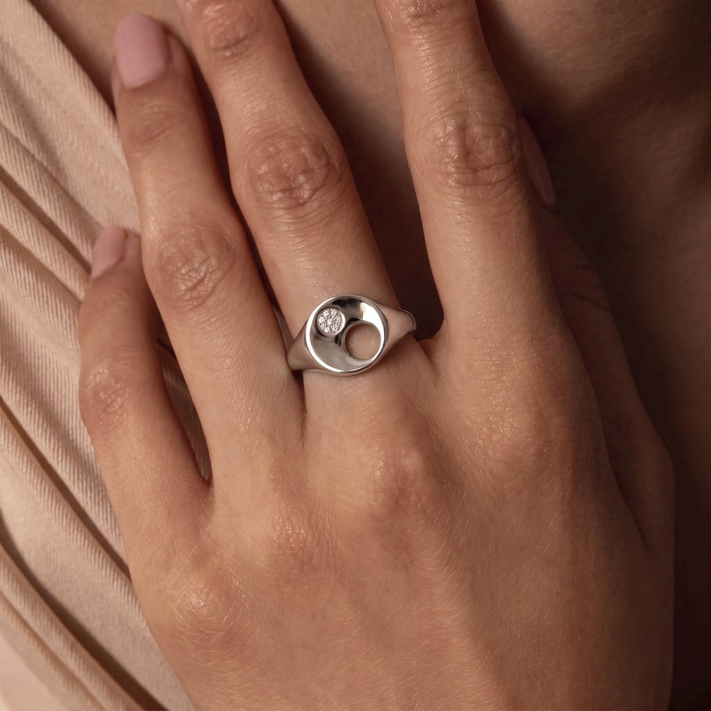 Moissanite Signet Ring Gift | Cutout Circle Statement Ring | 14K Gold or White Gold | Gift for Her