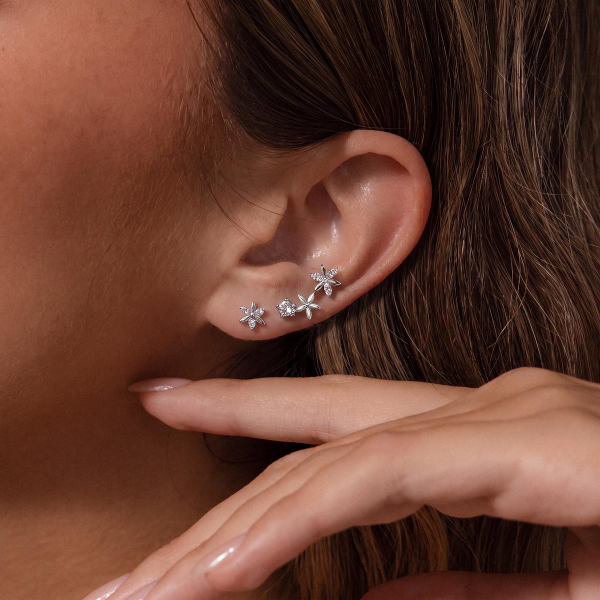 Flower Stud Earrings Gift | Crystal Floral Ear Climber Studs | 925 Sterling Silver | Everyday Jewelry
