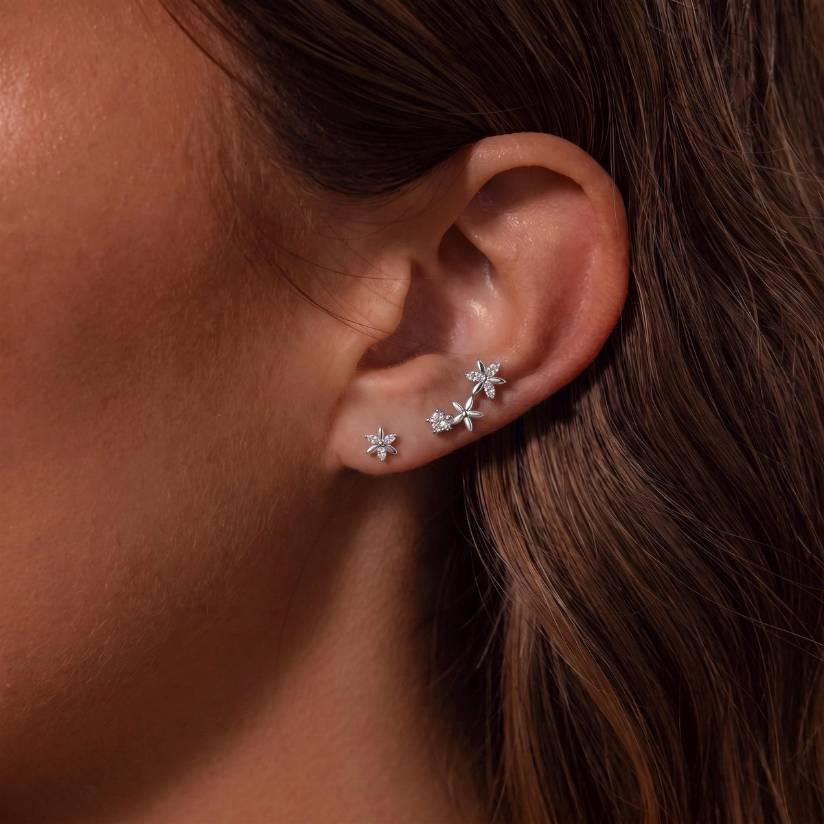 Flower Stud Earrings Gift | Crystal Floral Ear Climber Studs | 925 Sterling Silver | Everyday Jewelry