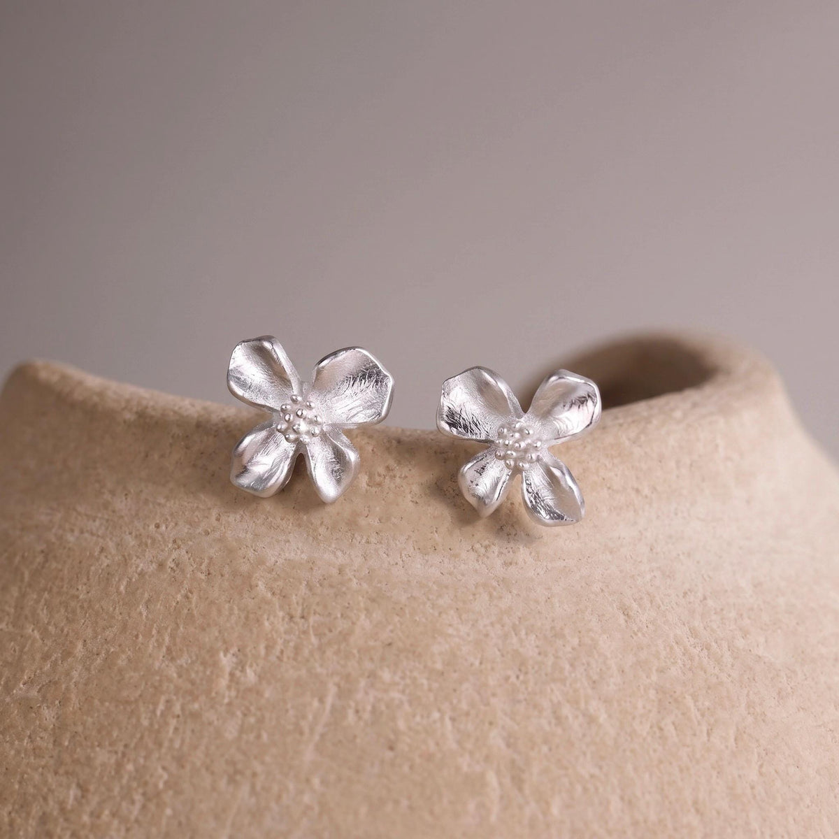 Flower Stud Earrings Gift | Brushed Silver Floral Studs | 925 Sterling Silver | Everyday Jewelry