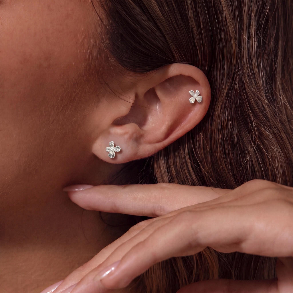Flower Stud Earrings Gift | Brushed Silver Floral Studs | 925 Sterling Silver | Everyday Jewelry