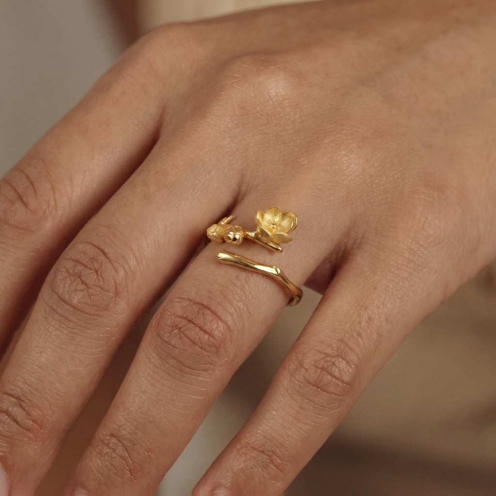 Magnolia Flower Branch Ring, 18K Gold Vermeil or 925 Sterling Silver, Adjustable Open Band, Botanical Nature Design, Gift for Her