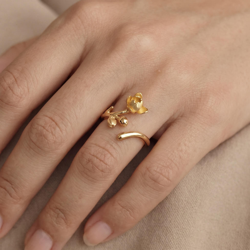 Magnolia Flower Branch Ring, 18K Gold Vermeil or 925 Sterling Silver, Adjustable Open Band, Botanical Nature Design, Gift for Her