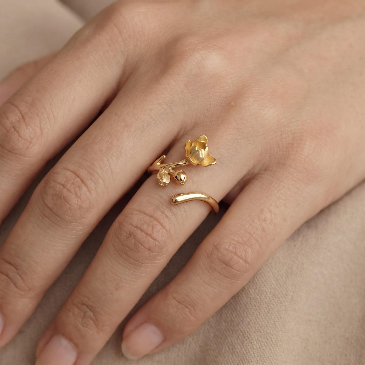 Magnolia Flower Branch Ring, 18K Gold Vermeil or 925 Sterling Silver, Adjustable Open Band, Botanical Nature Design, Gift for Her
